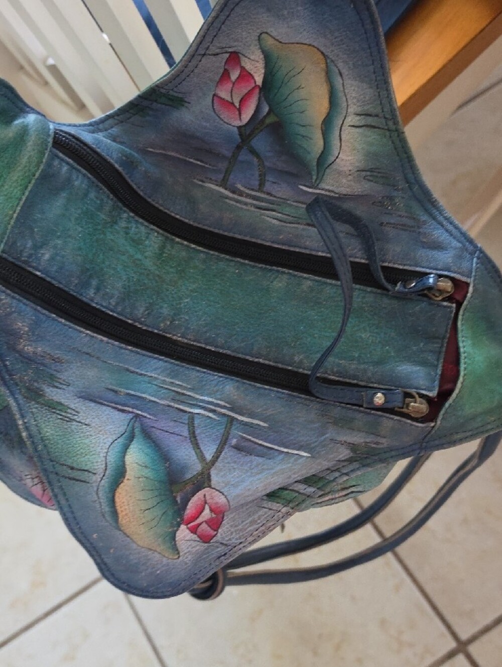 Hand-Painted Blue Floral Lotus Shoulder Bag.KOI FISH - Picture 5 of 13